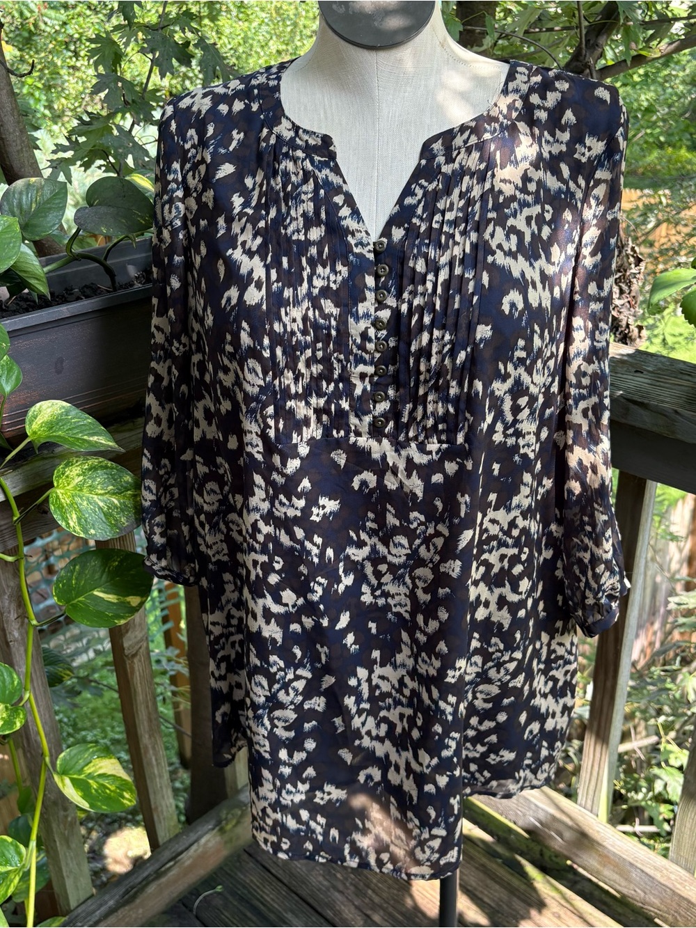 Coldwater Creek Black Beige Abstract V-Neck Button Blouse Women’s Plus 2X